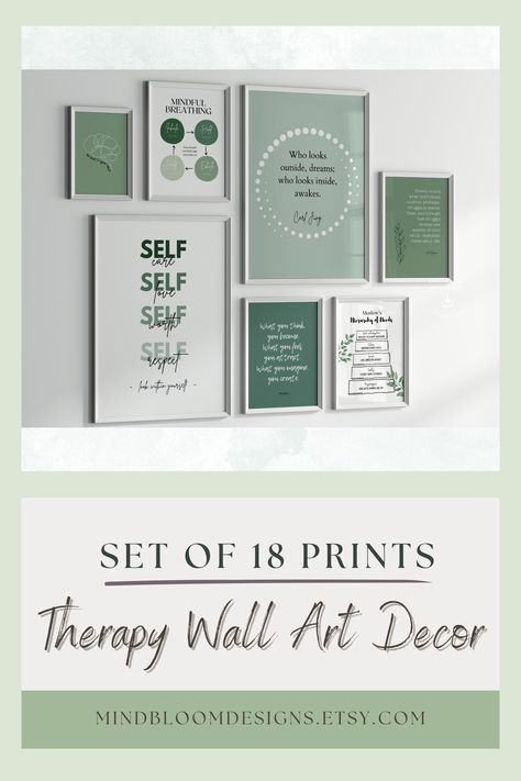 This 18-piece therapy office wall art set features a green color theme with various shades to create a soothing environment. Each print displays stylish typography and high-quality graphics, including inspiring quotes that create a supportive and motivational atmosphere for clients. Incorporating this therapy wall art into your workspace can inspire conversation and create a calming atmosphere that promotes mental health and well-being. A must-have for any therapist's office Green Color Theme, Therapy Wall Art, Psychologist Office Decor, Psychologist Office, Therapist Office, Educational Wall Art, Therapy Office, Calming Atmosphere, Print Display