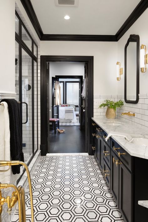 Black And White Bathroom Floor, Black And White Tiles Bathroom, Black White Bathrooms, Stained Doors, White Bathroom Tiles, White Tile Floor, Primary Bathroom, Master Bath Remodel, Black And White Tiles