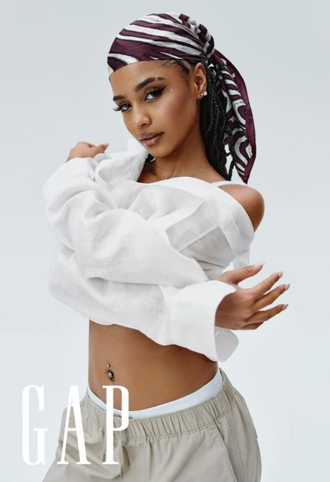 TYLA FOR GAP 🐅 Mens 90s, Linen Crop Top, Summer Campaign, Small Braids, Paparazzi Photos, Wrap Mini Skirt, Rihanna Fenty, Celebrities Female, Role Models