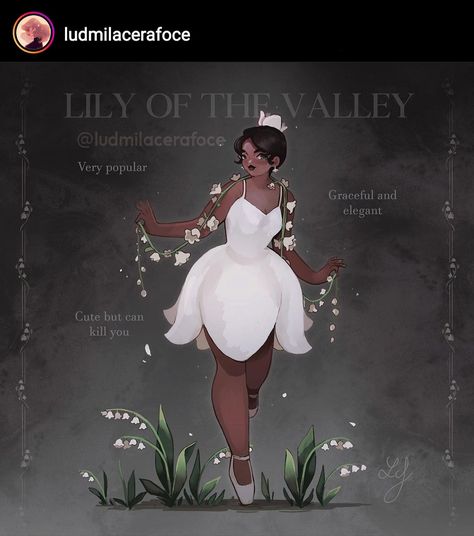 Flower Dress Fantasy Art, Lily Of The Valley Inspired Outfit, Lily Of The Valley Character, Lily Of The Valley Outfit, Flower Outfit Drawing, Flower People Drawing, Fae Outfit Aesthetic, Flowers As Humans, Flower Outfit Aesthetic