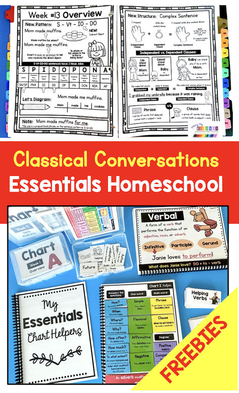 I am sharing everything I have created to teach the CC Essentials EEL homeschool program - lesson guides - Chart A helpers - Posters - games - how . to organize and plan your EEL lessons.  Try my FREEBIES if you're a homeschool mom or co-op tutor - Weekly Overview plans - organization tips - homeschooling Classical Conversations #homeschool #classicalconversations #homeschooling #CCessentials #Essentials Classical Conversations Essentials Charts, Essentials Classical Conversations, Cc Essentials Tutor, Classical Conversations Essentials Tutor, Classical Conversations Essentials, Cc Essentials, Math Morning Work, Homeschool Middle School, Student Binders