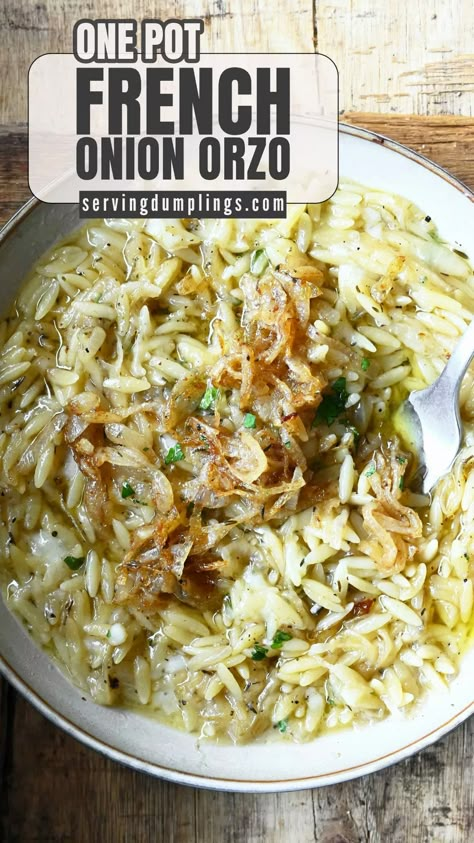 French Onion Orzo Delicious Orzo Recipes, Recipes With Orzo Pasta Healthy, Winter Orzo Recipes, Orzo Dishes One Pot, Hamburger Orzo Recipes, Steak And Orzo Recipes, Beef And Orzo Recipes, One Pot Orzo Recipes, Easy Orzo Recipes