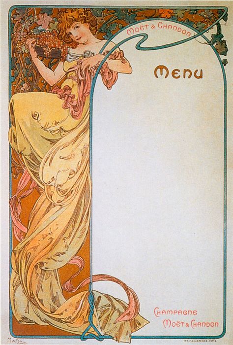 Реклама шампанского Moet & Chandon-Menu 3-1899 Alfons Maria Mucha, Art Nouveau Mucha, Motifs Art Nouveau, Moët Chandon, Alphonse Mucha Art, Istoria Artei, Mucha Art, Alfons Mucha, Aubrey Beardsley