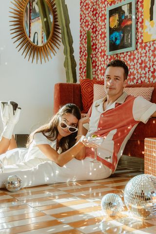 Unconventional Engagement Photos, Retro Disco Aesthetic, Aesthetic Engagement Photos, Retro Engagement Photos, Themed Engagement Photos, Aesthetic Engagement, Las Vegas Wedding Photos, Styled Engagement Shoot, Disco Aesthetic