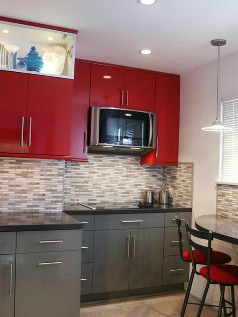 Small Kitchen 11 - Balance via kosip.org Red Kitchen Cabinets, Tiny Kitchen Design, Small Kitchen Cabinets, Grey Kitchen Designs, Household Help, Kabinet Dapur, Brown Kitchens, Kitchen Design Open, New Kitchen Cabinets