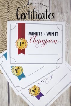 Minute to Win It – FREE Printable Certificates. Rock your next family game night with Minute to Win It games and these fun award certificates! Minute To Win It Printables Free, Childrens Party Games, Gym Games For Kids, Fun Awards, Free Printable Certificates, Contest Ideas, Group Games For Kids, Reunion Games, Night Games