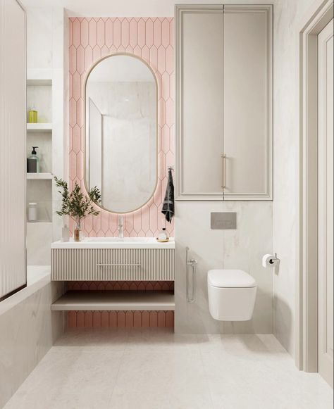 Pink And Cream Bathroom, Pink Onyx Bathroom, Terraced House Loft Conversion, Bathroom Minimal, Mid Century Modern Renovation, Cream Bathroom, Ensuite Shower Room, Washroom Design, Guest Toilet