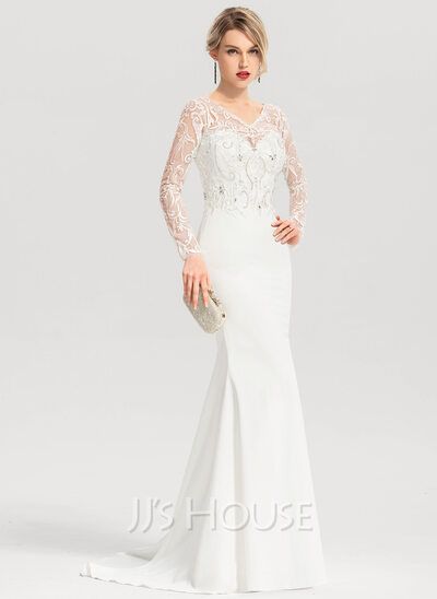 [£155.00] Trumpet/Mermaid V-neck Sweep Train Stretch Crepe Wedding Dress With Beading Sequins Sequin Lace Wedding Dress, Sweep Train Wedding Dress, Wedding Dress Silhouette, Crepe Wedding Dress, Dress Train, Wedding Dress Sequin, Trumpet Wedding Dress, Sequin Wedding, Mermaid Sequin