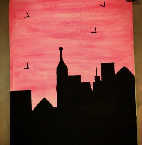 Skyline Painting Easy, Cute Easy Paintings, Acrylic Art Projects, Skyline Painting, Silhouette Painting, Canvas Drawing, Simple Canvas Paintings, Painting Easy, Canvas Painting Designs