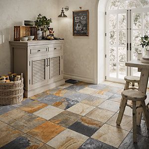 Wickes Multicolour Slate Effect Tile 333 x 333mm | Wickes.co.uk Slate Effect Tiles, Conservatory Flooring, Tiles Living Room, Porcelain Tile Bathroom, Tiled Hallway, Slate Flooring, Cottage Kitchens, Slate Tile, Kitchen Floor Tile