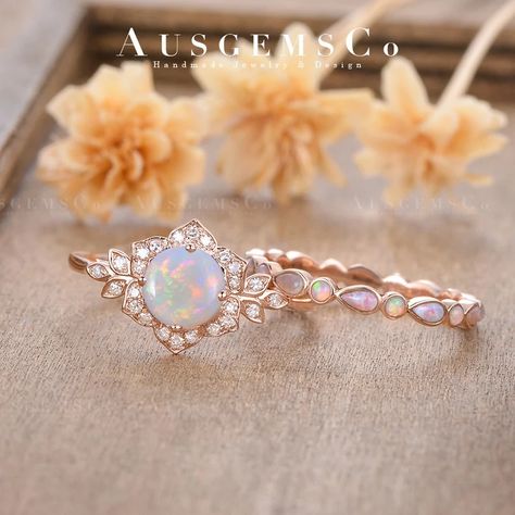 Australian Opal Engagement Ring Set Rose Gold Flora Bridal Set - Etsy Australia Flower Engagement Ring Set, 6mm Wedding Band, Vintage Opal Engagement Ring, Floral Wedding Ring, Opal Engagement Ring Set, Opal Wedding Band, Flower Engagement, Rose Gold Halo, Opal Wedding