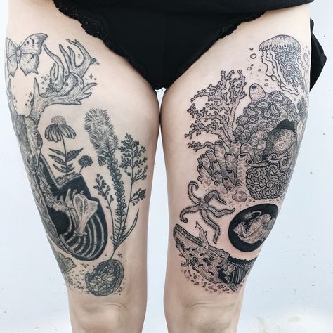 Tidepool Tattoo, Ocean Plant Tattoo, Ocean Plants Tattoo, Ocean Botanical Tattoo, Spooky Ocean Tattoos, Ocean Skeleton Tattoo, Marine Life Tattoo, Marine Tattoos, Coral Tattoo