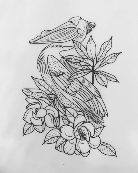 Louisiana Theme Tattoo, Pelican Tattoo Design, Vintage Florida Tattoo, Florida Panther Tattoo, Pelican Tattoo For Women, Pelican Drawing, Pelican Tattoo, Gardenia Tattoo, Florida Tattoo