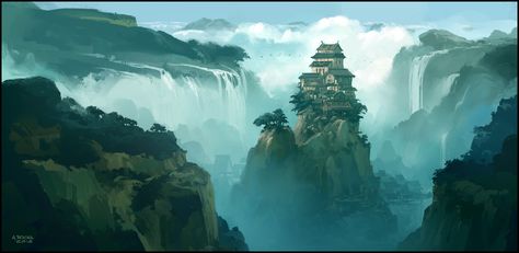 The Hidden Village, Andreas Rocha on ArtStation at https://www.artstation.com/artwork/AZAVV Hidden Village, Concept Art World, Games Design, Landscape Concept, Back Ground, Fantasy Places, Matte Painting, Fantasy Art Landscapes, Environment Design