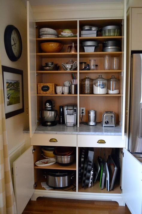 Organizing A Small Kitchen, Small Kitchen Appliance Storage, Cluttered Kitchen, Kitchen Appliance Storage, Appliance Garage, Farmhouse Pantry, Pan Storage, Larder Cupboard, Sink Shelf