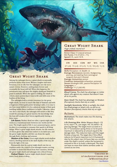 Great wight shark. Kraken Dnd 5e, Shark People Dnd, Dnd Water Creatures, Water Monster Dnd, Dnd Aquatic Monsters, Dnd Water Monsters, Dnd Sea Creatures, Dnd Pirate Campaign, Dnd Sea Monsters