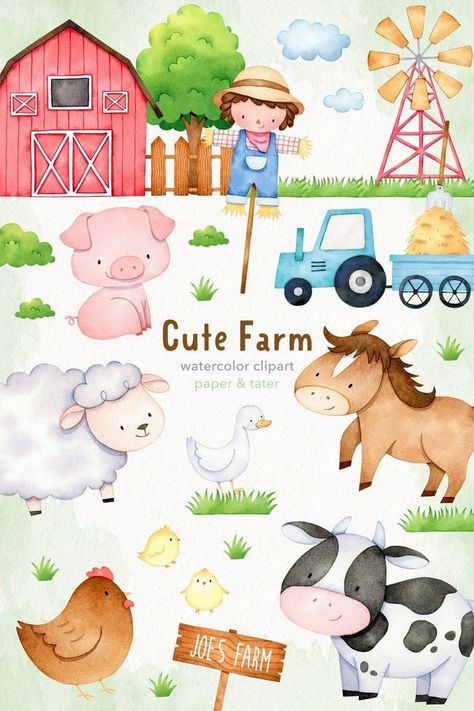 Farm Animal Illustrations for DIY Projects Farm Svg Free, Cute Farm Animals, Creative Clips Clipart, Lost Sheep, Cow Horse, Kids Doodles, Room Theme, Watercolor Cute, Farm Baby