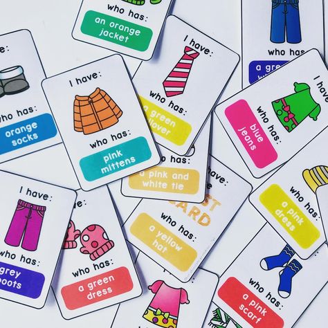 Brooke | ESL/EFL Printables on Instagram: “👗 👠 💐 Since we’re all ready to bring out our Spring clothes, here’s a fun  I HAVE/ WHO HAS card game that works well with any unit relating…” I Have Who Has, Esl Crafts, Clothes Esl, Kids Card Games, Esl Clothes, Esl Board Games, Primary School Activities, Esl Ideas, English Day