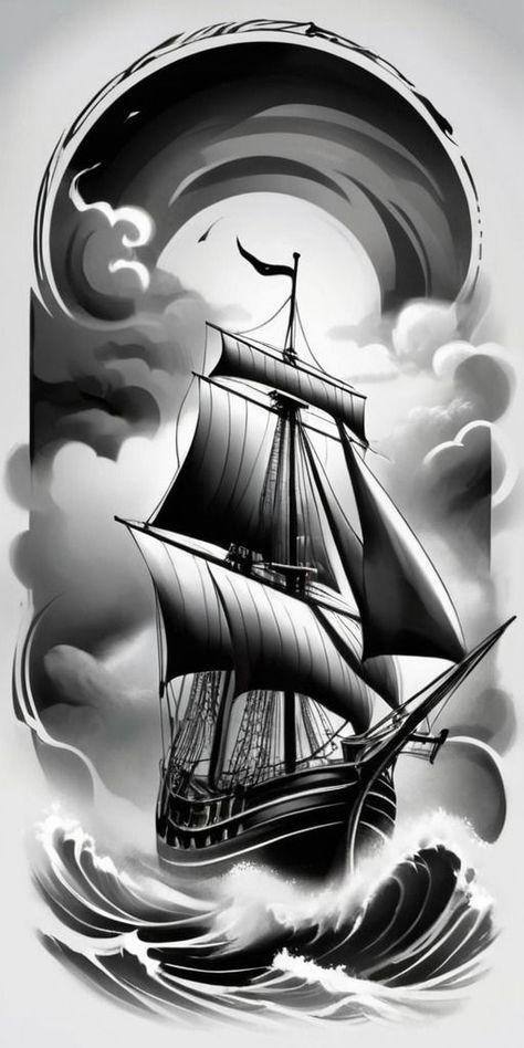 Compass Ship Tattoo, Boat Tattoo Design, Pirate Ship Tattoo Design, Pirate Boat Tattoo, Ship Tattoo Design, Kraken Ship, Traditional Tattoo Black And Grey, Pirate Ship Tattoo, Boat Tattoo