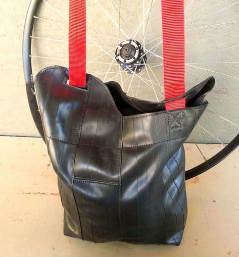 Bike Tube Upcycled Into Tote Bag Accessories Recycled Rubber Bike Tube Crafts, Upcycled Leather Jacket, Upcycled Inner Tubes, Repurposed Tire, Upcycled Bike, Rubber Bags, Tire Art, Tyres Recycle, Favorite Purse