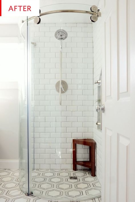 Space Saving Shower Ideas, Neo Angle Shower Ideas Master Bathrooms, Triangle Shower Bathroom, Neo Angle Shower Small Bathroom, Single Shower Stall Ideas, Corner Shower Ideas For Small Bathrooms, Small Bathroom Floor Tile Ideas, Hexagon Bathroom Floor Tile, Adu Bathroom