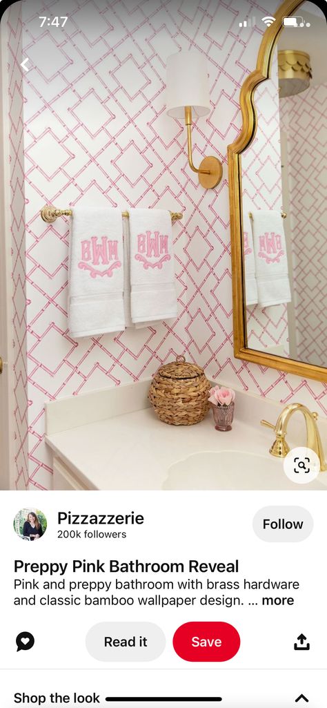 Preppy Master Bath, Wallpaper Wall Texture, Wallpaper Accent Wall Ideas, Wallpapered Bathroom, Anna Scott, Bamboo Wallpaper, Accent Wall Ideas, Bday List, Grand Millennial