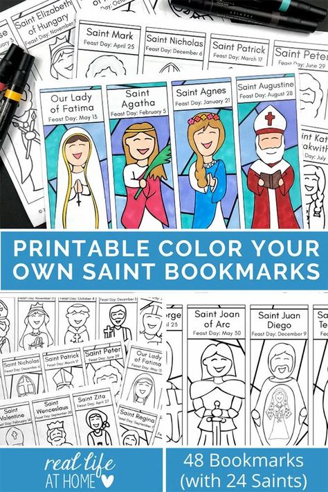 Printable Color Your Own Saint Bookmarks - featuring 48 different bookmarks with 24 different saints Catholic Printables, Saint Elizabeth Of Hungary, Elementary Printables, Saints For Kids, Saint Teresa Of Calcutta, Teresa Of Calcutta, Saint Coloring, Babysitting Activities, St Monica