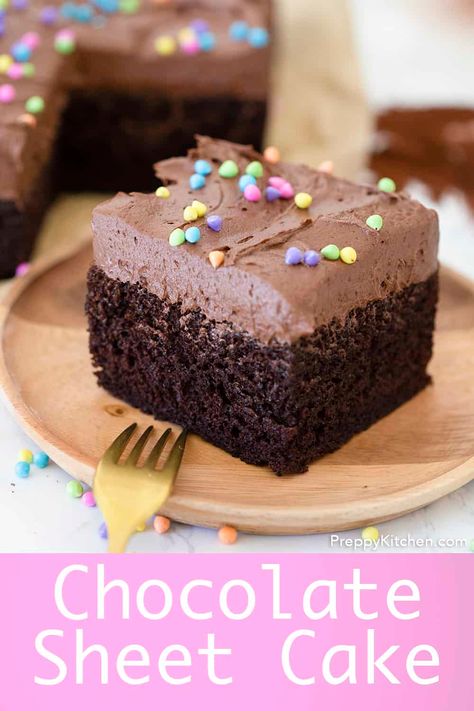 This fluffy, moist, and RICH chocolate cake piled high with fudgey chocolate buttercream is beyond easy to make but it will become a favorite! The Best Chocolate Sheet Cake, Easter Chocolate Cake, Health Dessert Recipes, Chocolate Easter Cake, Preppy Kitchen, Chocolate Sheet Cake, Wedding Cake Recipe, Sheet Cake Recipes, Rich Chocolate Cake