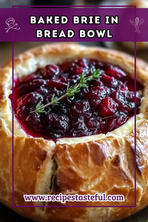 This Baked Brie in a Bread Bowl combines creamy Brie cheese with tart cranberry sauce and aromatic thyme, all encased in a warm, crusty sourdough loaf. It’s a perfect appetizer for gatherings and will impress your guests with its delightful flavors and beautiful presentation. Sourdough Baked Brie, Brie In A Bread Bowl, Bri Bread Bowl, Cranberry Brie Sourdough, Brie Stuffed Sourdough, Cranberry Brie Sourdough Bread, Baked Brie Board, Baked Cranberry Brie Bread Bowl, Baked Brie In Bread Bowl