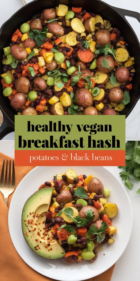 Close-up of a hearty vegan breakfast skillet with golden-brown potatoes, black beans, and colorful veggies. Vegan Breakfast Potatoes, Easy Vegetarian Breakfast Ideas, Beans For Breakfast, Breakfast Veggies, Potato Hash Breakfast, Vegetables For Breakfast, Plant Based Breakfast Recipes, Vegan Recipes Breakfast, Breakfast Beans