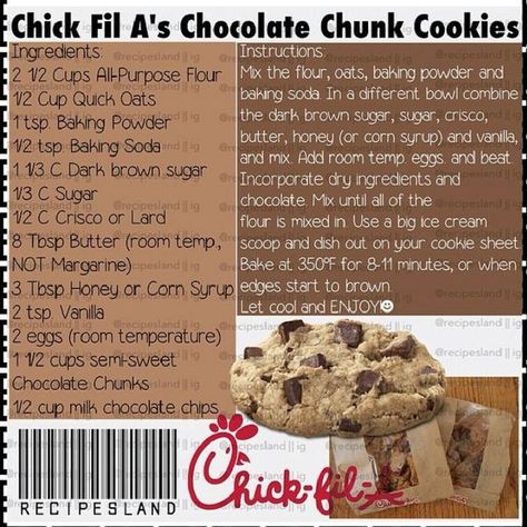 Chick Fil A Cookie Recipe, Chick Fil A Cookies, Chocolate Chunk, Chocolate Chunk Cookies, Chick Fil A, Yummy Sweets, Cookies Ingredients, How Sweet Eats, Eat Dessert