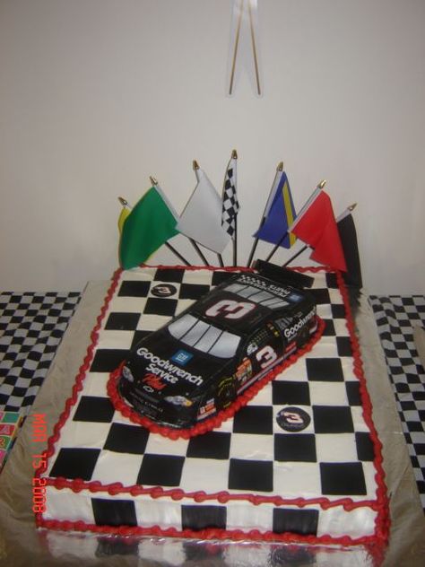 Dale Earnhardt - I made this for my uncle's 50th birthday.  It was iced in buttercream with fondant squares to make a flag.  The car was airbrushed black and used ediable decals.  It was a huge hit and everyone loved it. Dale Earnhardt Cake, Dale Earnhardt Birthday Party, Nascar Cake, Birthday 1st, Dale Jr, A Flag, Second Birthday, Boys Birthday, Retirement Parties