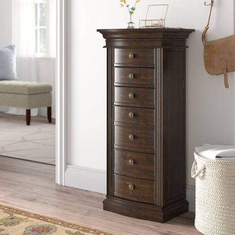 Canora Grey 17.3'' Wide Jewelry Armoire with Mirror & Reviews | Wayfair Armoire With Mirror, Standing Jewelry Armoire, Deck Box Storage, Jewelry Cabinet, Alder Wood, Bathtub Accessories, Jewelry Armoire, Shed Storage, Game Room Furniture