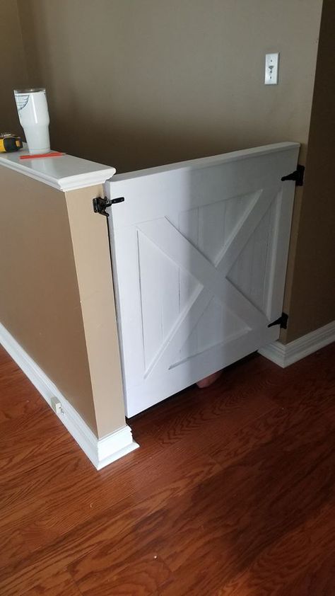 Barn door permanent gate for top of stairs Permanent Stair Gate, Gate For Top Of Stairs, Top Of Stairs Gate, Staircase Gate, Top Of Staircase, Railing Makeover, Dog Gates For Stairs, Barn Door Baby Gate, Stair Railing Makeover