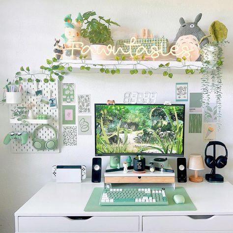 fawn 🍃 | my cozy world ⊹ ࣪ ˖ | happy tuesday! ☁️ notice anything new? 🤭 a lil’ preview to a reel i’ll be posting soon! i am so in love, it’s my new favorite addition.… | Instagram Mint Green Desk Setup, Mint Green Pc Setup, Green Game Setup, Green Set Up Gaming, Green Desk Accessories, Switch Desk Setup, Pink And Green Gaming Setup, Neutral Gaming Setup, Nintendo Switch Setup Ideas