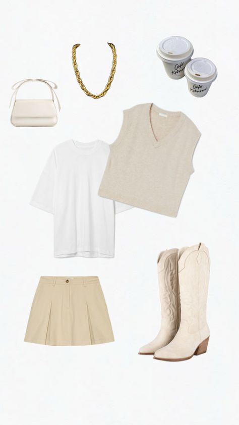 Beige outfit with Cowboy-boots | beige mini skirt | spring fit | Neutral Tones Outfit | Vanilla Style Beige Cowboy Boots Outfit, Neutral Tones Outfit, Beige Cowboy Boots, Vanilla Style, Neutral Tone Outfits, Beige Mini Skirt, Cowboy Boots Outfit, Cowboy Boot Outfits, Beige Outfit