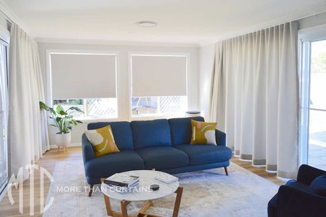 PAIRING DIFFERENT WINDOW TREATMENTS IN THE SAME ROOM - More Than Curtains L Shaped Window, Shutters With Curtains, Windows Curtains, Blinds And Curtains, Curtain Installation, Shaped Windows, Hampton Style, Color Forecasting, Furniture Placement