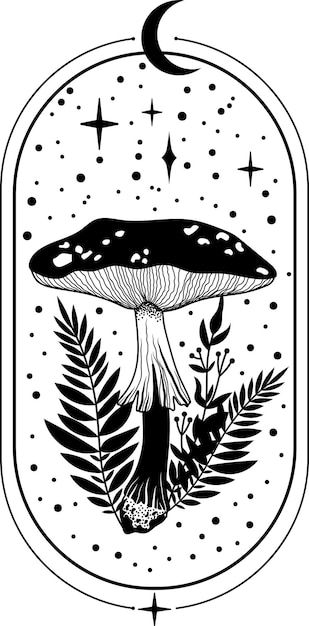 Witchy Mushroom Art, Black And White Mushroom Art, Mushroom Illustration Black And White, Flowers Vector Illustration, Upcycled Mushroom, Cottagecore Svg, Mushrooms Black And White, Mushrooms Doodle, Geometric Mushroom