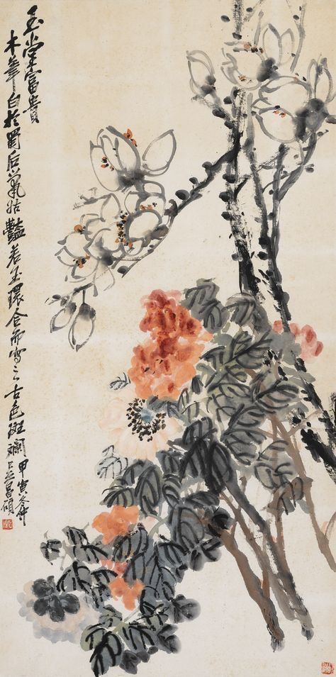 Wu Changshuo 1844-1927 | MAGNOLIA AND HAITANG FLOWERS | signed Wu Changshuo, dated jiayin (1914), the eleventh lunar month, with two seals of the artist, chang shuo, gu zhang - ink and color on paper, framed 113.7 by 57.1 cm. 44 3/4  by 22 1/2  in. #Chinese #art #auction #affiliate Haitang Flower, Cover Manga, Chinese Scroll, Paper Painting, Sumi E, Chinese Painting, Ink Painting, Art Auction, Flower Wallpaper