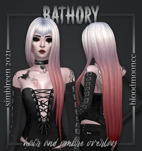 Bathory Hair | SIMBLREEN 2021 Halloween treat 1/4! I originally planned to make the private post public then decided to make an entirely new post so it would pop up in ppl’s dashboards without me... Sims 4 Hairline, Sims 4 Cc Goth, Vampire Hair, Ts4 Hair, Maxis Match Cc, Vampire Clothes, Cc Folder, Gothic Hairstyles, Sims 4 Game Mods