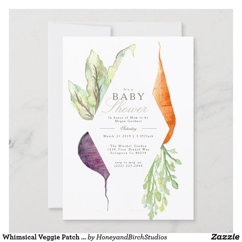 Vegan Baby Shower, Organic Baby Shower, Twins Baby Shower Invitations, Garden Bridal Showers, Garden Baby Showers, Vegan Baby, Veggie Patch, Baby Shower Invitation Cards, Woodland Baby Shower Invitations