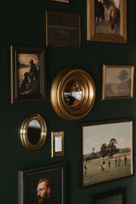 Basement Bar // A golf-inspired man cave basement bar with an ode to old-world charm. All photos showcase our original design work. Photographed by @LaurenKonrad // gallery wall, vintage fridge, man cave, basement bar, pool table, essex green benjamin moore