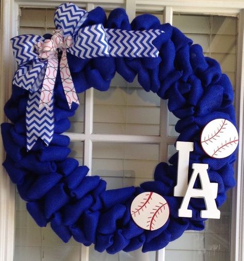 Baseball wreath Blue burlap Wreath Wreath Dodgers Wreath, Miami Colors, Baseball Wreath, Dodger Baseball, Sports Crafts, Baseball Wreaths, Ribbon Wreaths, Dodgers Girl, Blue Front Door