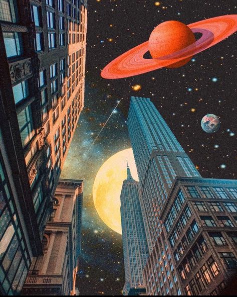 City Skyline Aesthetic, Skyline Aesthetic, Vintage Space Art, Jim Warren, Futurism Art, Surreal Collage, Aesthetic Edits, Instagram Background, Retro Background