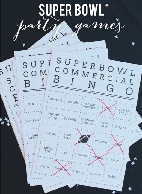 Superbowl Commercial Bingo Superbowl Commercial Bingo, Super Bowl Bingo, Bowl Desserts, Superbowl Party Games, Superbowl Game, Super Bowl Commercials, Super Bowl Football, Super Bowl Party, Super Bowl Sunday