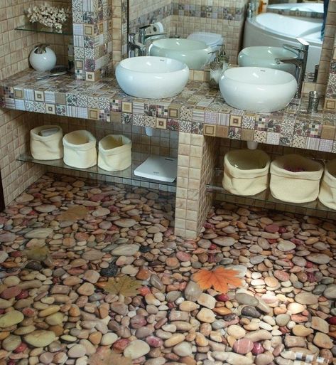 Top 10 Creative and Unusual Bathroom Floors Unusual Bathrooms, Rock Floor, Quirky Bathroom, Bathroom Stand, Pebble Floor, Modern Flooring, Plywood Flooring, Travertine Floors, Rustic Flooring