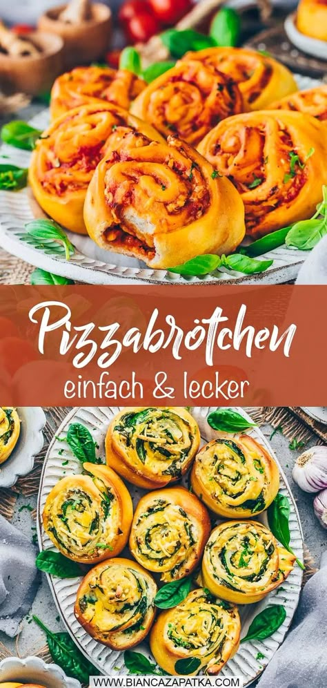 Einfaches Blitz-Rezept für Pizzaschnecken zum selber machen - Vegane Pizzabroetchen sind der perfekte schnelle Fingerfood Party-Snack! #pizza #pizzaschnecken #spinat #tomate #kaese #partyfood #fingerfood #vegan #veganerezepte #rezepte #vegetarisch #schnellerezepte #einfacherezepte | biancazapatka.com Pizza Swirls, Grilled Snacks, Homemade Pizza Rolls, Fingerfood Party, Easy Homemade Pizza, Party Snack, Pizza Bites, Party Finger Foods, Vegan Pizza