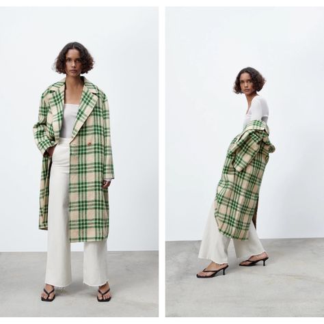 The Ultimate Zara Blogger Fave - Oversized Plaid Limited Edition Coat Size Xs/Sm- Only Tried In, Never Worn Out. This Amazing Coat Is Green, Cream & Brown Plaid Long Trench Style Coat - Sizexs/S Made Of 100% Juteburlap Type Coarse Texture Exterior Fully Lined Interior Pockets Inherent Knotty Texture Oversized Asymmetrical Button Closure Lapel Collar Excellent Shape,- Been Sitting In Closet As Seen On Jennifer Lawerence Retails For $199 Boxfeb24 Long Plaid Coat Outfit, Plaid Coat Outfit, Nyc Fashion Winter, Long Plaid Coat, Plaid Overcoat, Checkered Coat, Check Coat, Style Coat, Long Trench