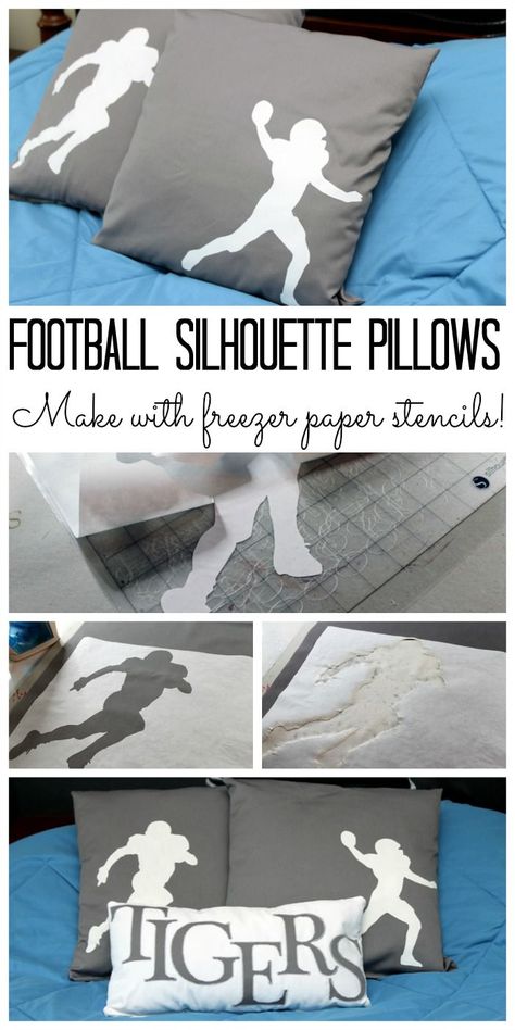 Football Room Decor, Football Room, Diy Silhouette, Football Rooms, Football Silhouette, Football Bedroom, Football Pillows, Freezer Paper Stenciling, Football Diy