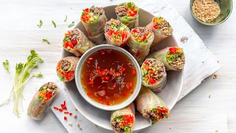 Kid-Friendly Lemongrass Beef Rice Paper Rolls Recipe | Beef + Lamb New Zealand Rice Paper Rolls Recipe, Rice Paper Rolls Recipes, Lemongrass Beef, Beef Rice, Rice Paper Rolls, Recipe Beef, Beef And Rice, Tender Beef, Paper Rolls